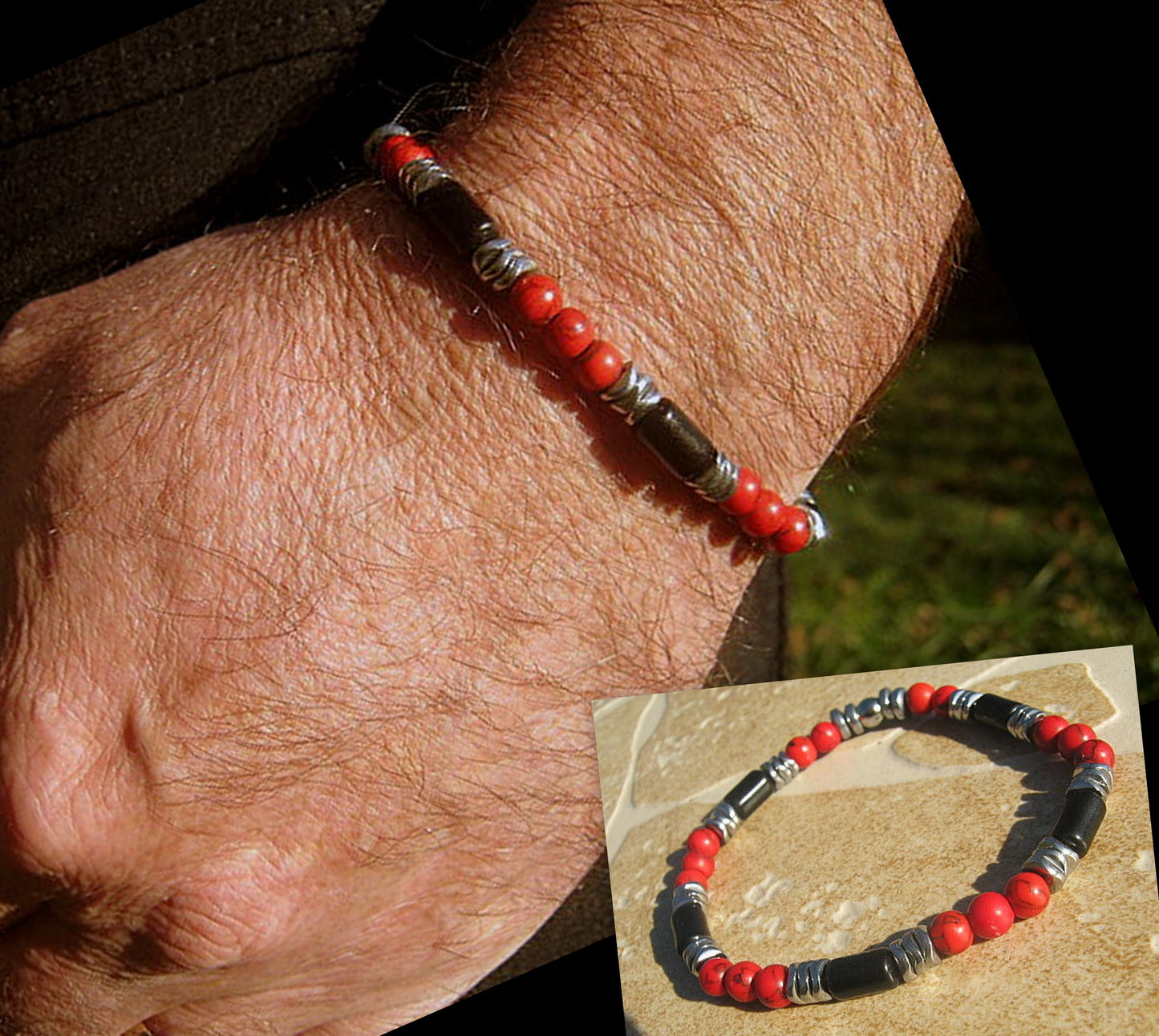 Men Bracelet TOURMALINE, RED HOWLITE, Hematite ,Protection stone, handmade bracelet men gift