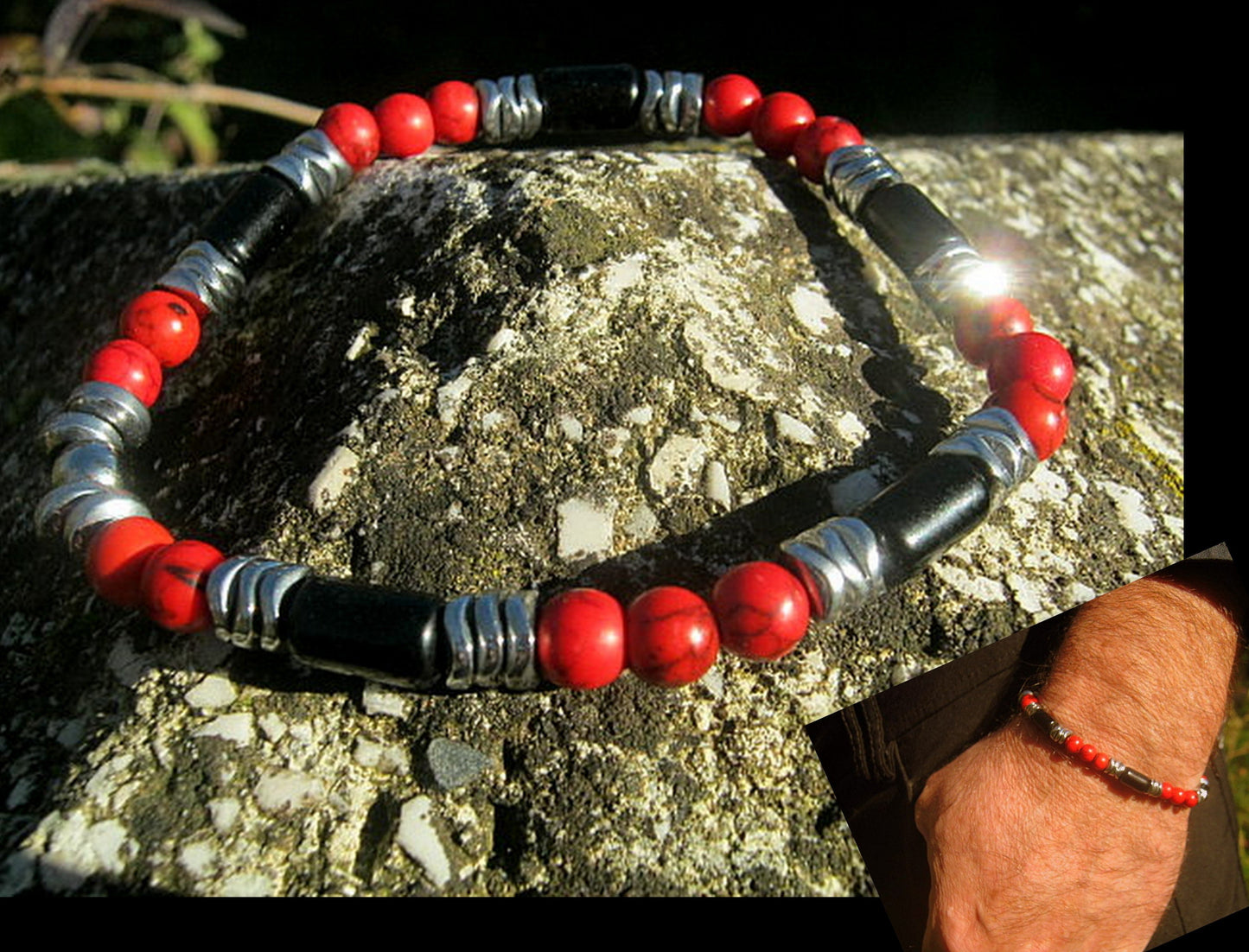Men Bracelet TOURMALINE, RED HOWLITE, Hematite ,Protection stone, handmade bracelet men gift