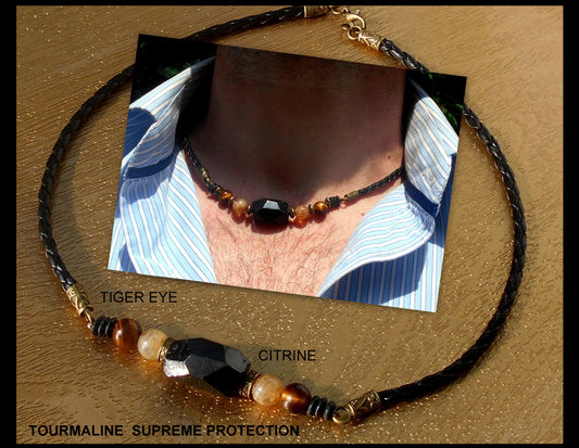 TOURMALINE Citrine Tiger Eye Rutilated quartz Lava stone men Necklace EMF Protection, healing crystal, black leather handmade necklace Men /couple Gift