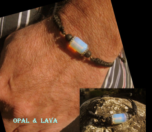 Men Opal Lava bracelet thin Cord black red slice knot Bracelet, Healing crystal, Stack slim set surfer Handmade bracelet men gift