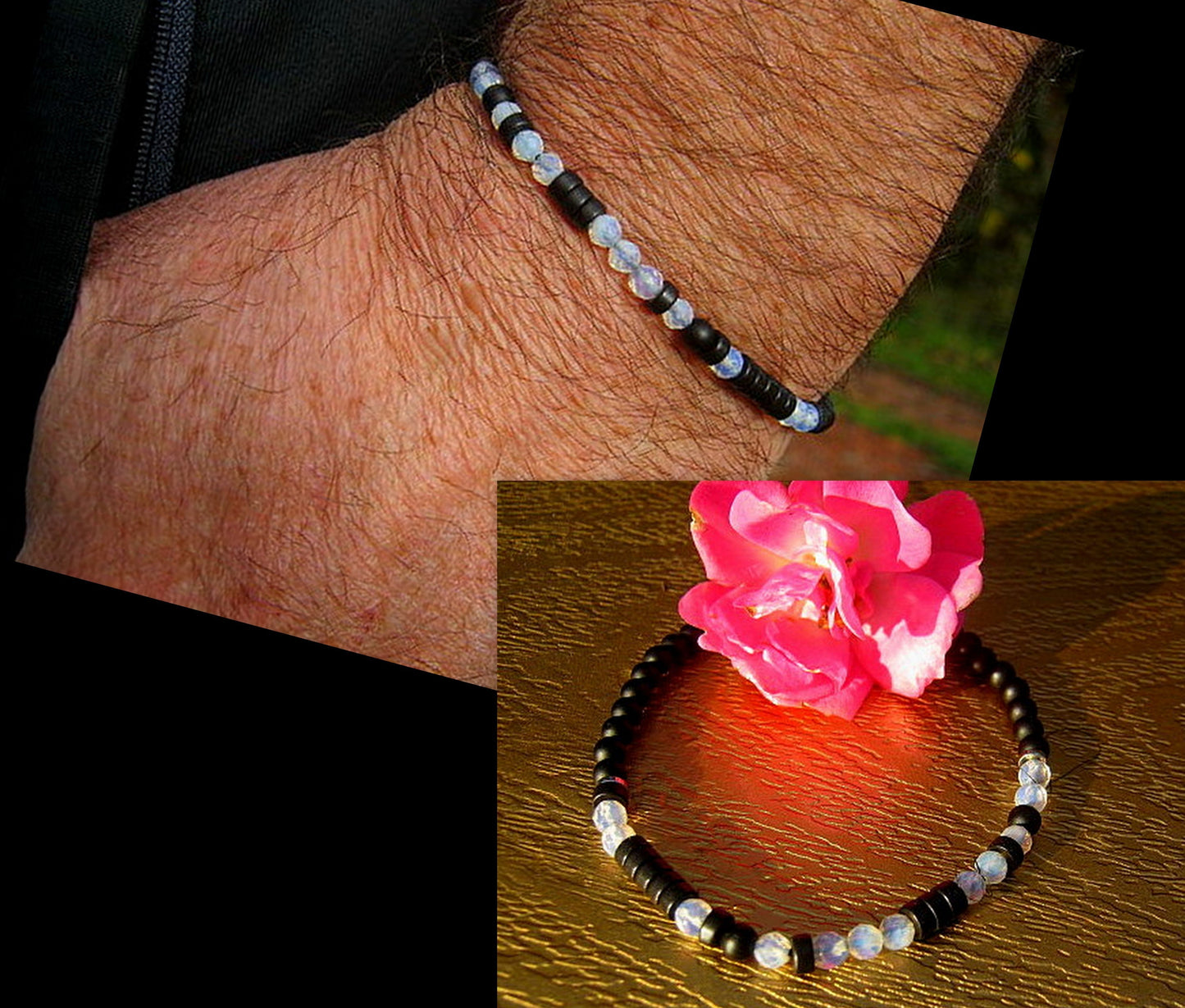 Custom MORSE CODE men/women Hematite Cat Eye Opal stone Bracelet, I love you Secret Message, Healing protection gemstone Men handmade slim bracelet Men gift