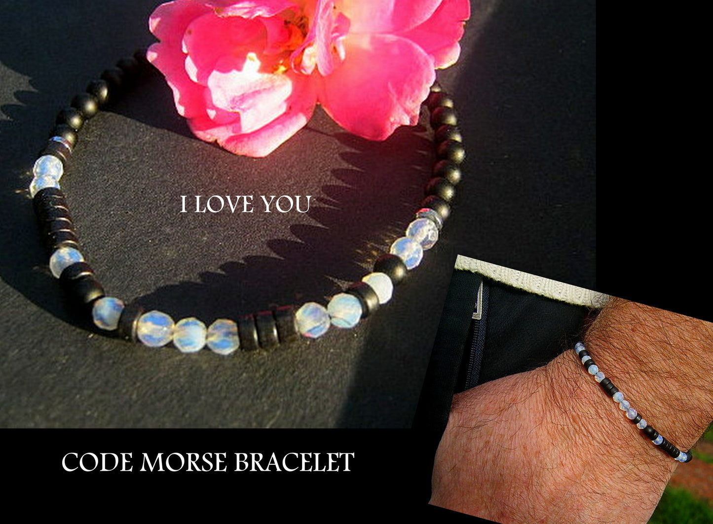 Custom MORSE CODE men/women Cat Eye Opal Hematite stone Bracelet, I love you Secret Message, Healing protection gemstone Men handmade slim bracelet Men gift
