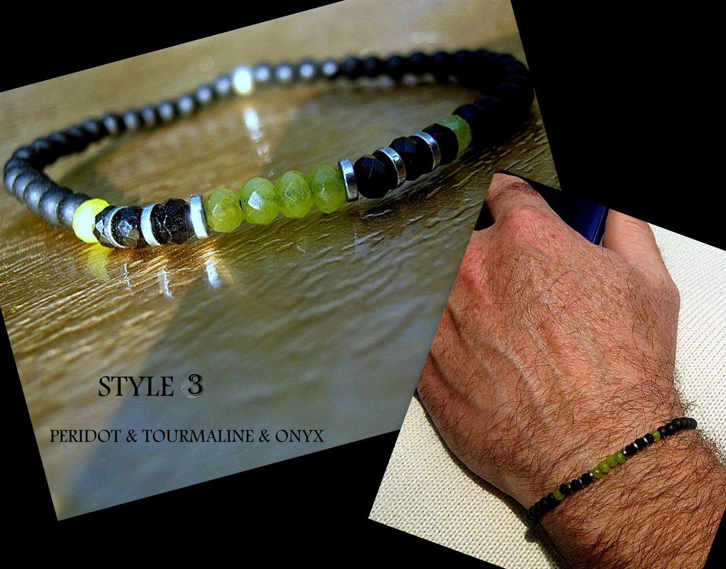 Men tiny EMERALD Onyx Tourmaline Spinel Black Diamond Peridot bracelet, protection precious stone handmade slim bracelet men gift