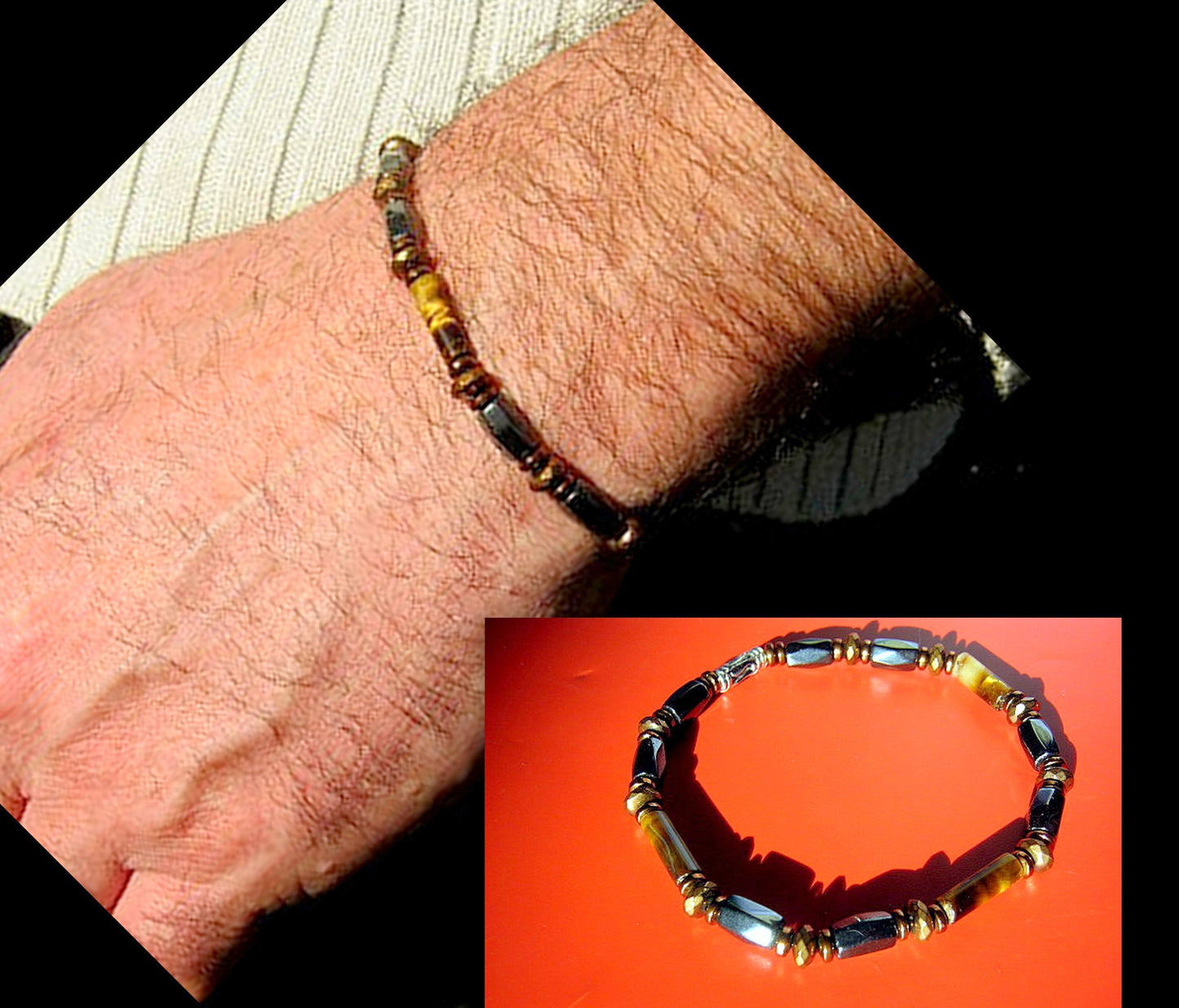 Men TIGER EYE bracelet Hematite Coco wood Healing protection stone, handmade bracelet Men gift