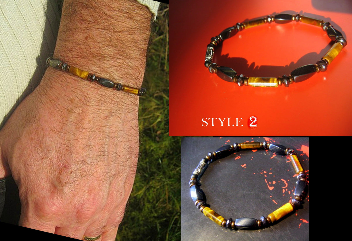 Bracelet TIGER EYE Hematite Onyx Healing protection precious stone, men handmade slim bracelet Men gift
