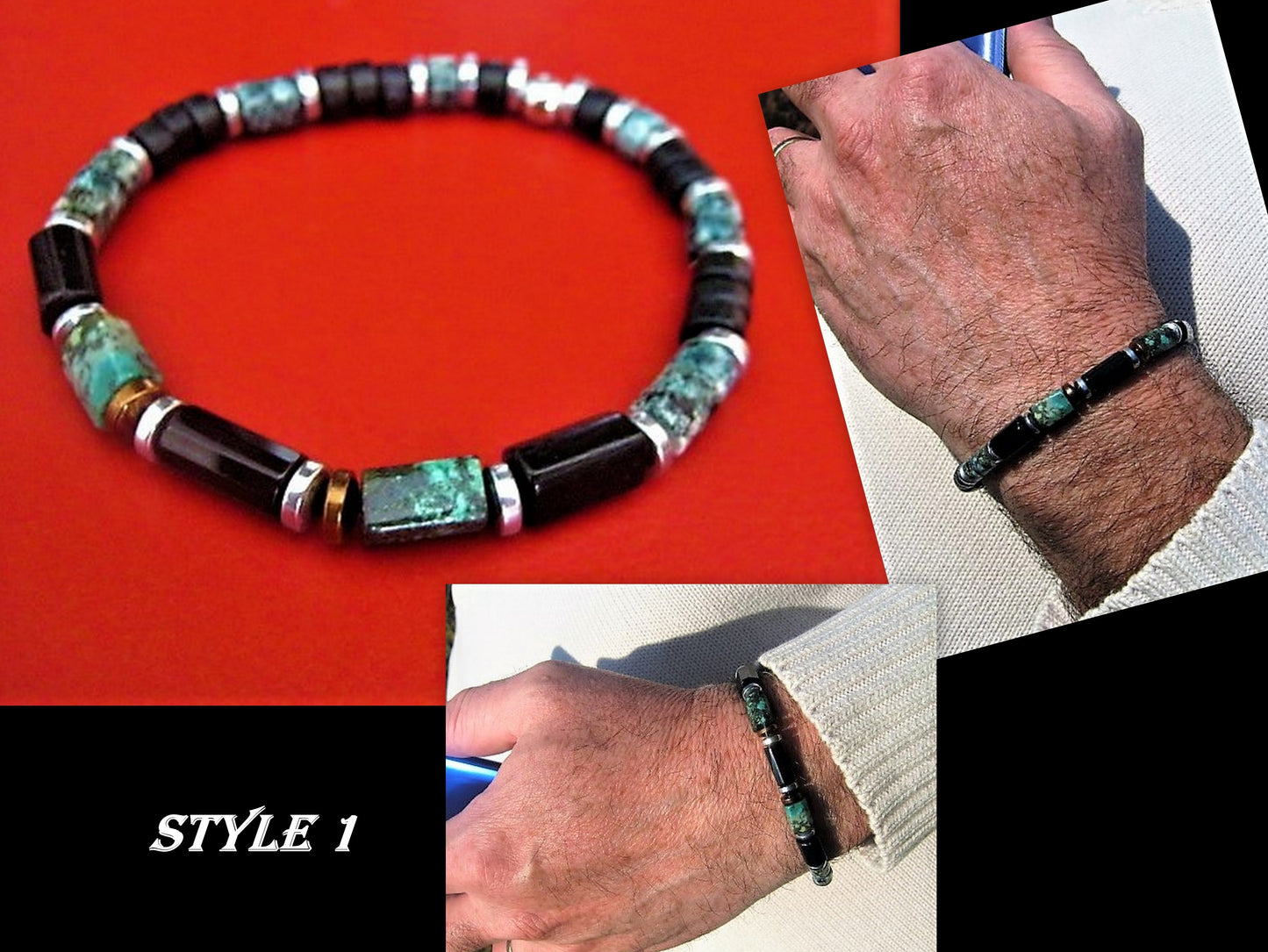 CAMELYS MAGIC 4 MEN - Bracelet african TURQUOISE Tourmaline Onyx Lava Coco wood heishi Hematite Healing stone, handmade bracelet men gift