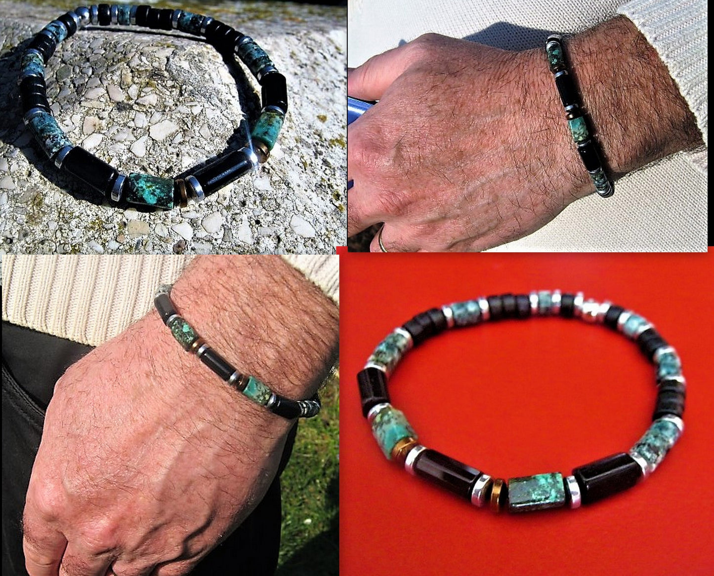 CAMELYS MAGIC 4 MEN - Bracelet african TURQUOISE Tourmaline Onyx Lava Coco wood heishi Hematite Healing stone, handmade bracelet men gift