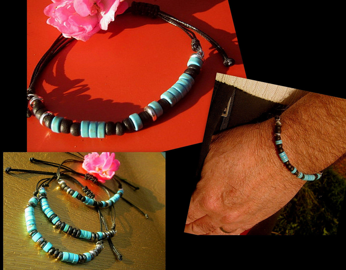 Custom CODE MORSE men/women Bracelet, Hematite, Coco wood, Onyx & TURQUOISE, CORD, I love you Secret Message, Healing protection stone Men handmade slim bracelet Men gift