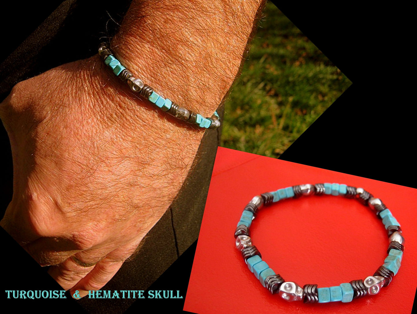 Men Bracelet TURQUOISE, Hematite Skull Punk Turquoise Tourmaline Protection stone, handmade bracelet men gift