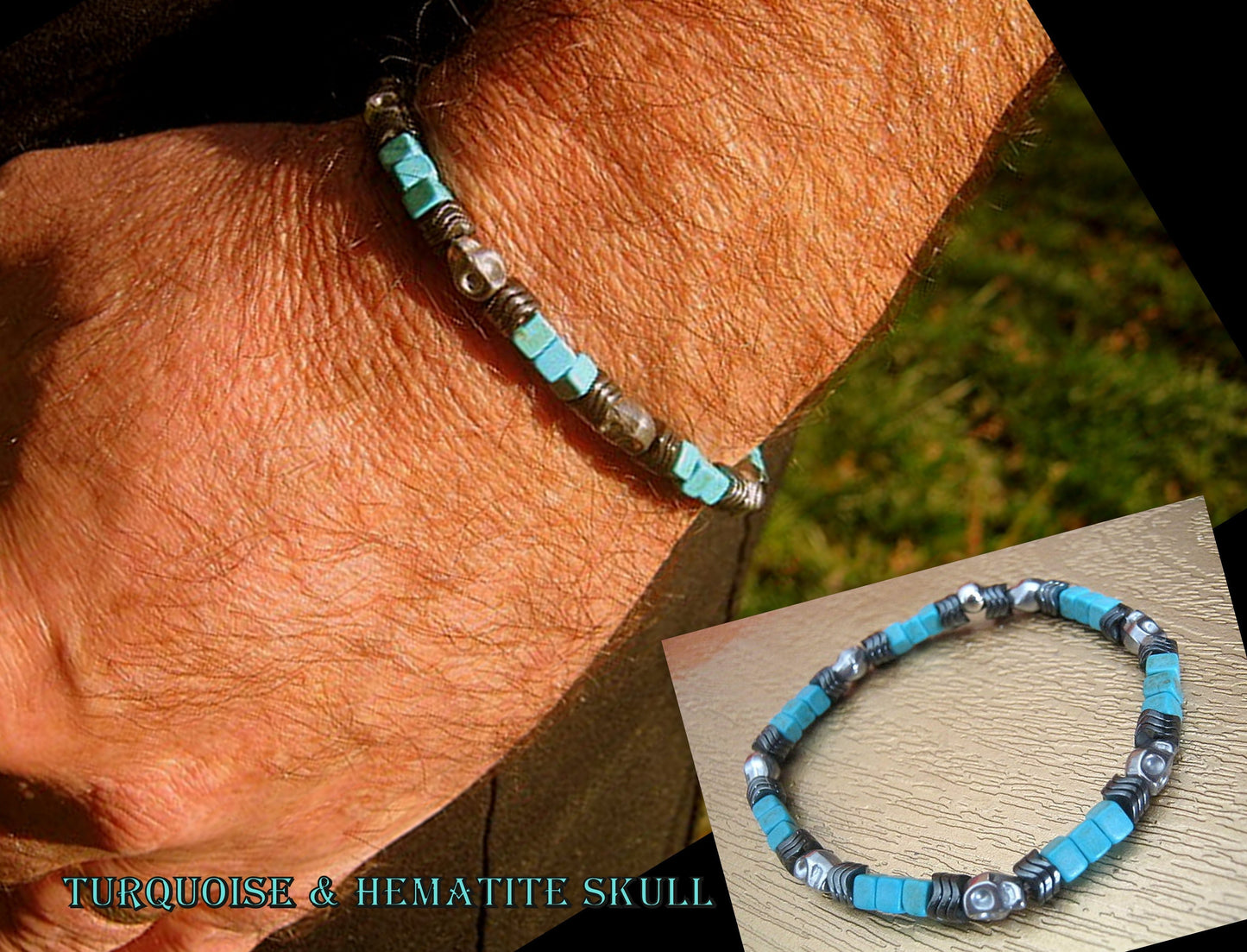 Men Bracelet TURQUOISE, Hematite Skull Punk Turquoise Tourmaline Protection stone, handmade bracelet men gift