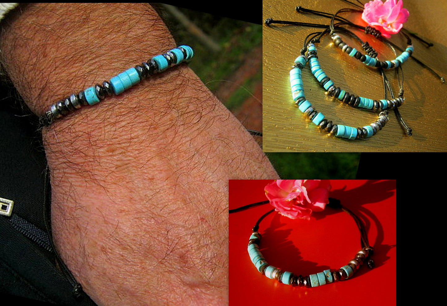 Custom CODE MORSE men/women Bracelet, Hematite, Coco wood, Onyx & TURQUOISE, CORD, I love you Secret Message, Healing protection stone Men handmade slim bracelet Men gift