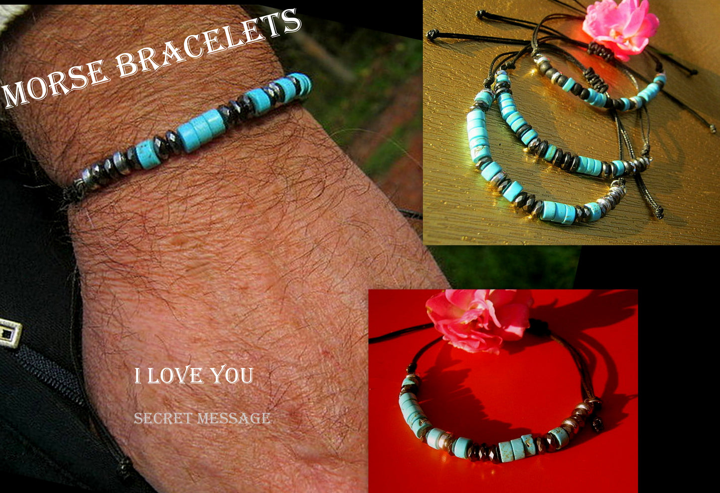 Custom CODE MORSE men/women Bracelet, faceted Hematite, Coco wood, Onyx & TURQUOISE, CORD, I love you Secret Message, Healing protection stone Men handmade slim bracelet Men gift