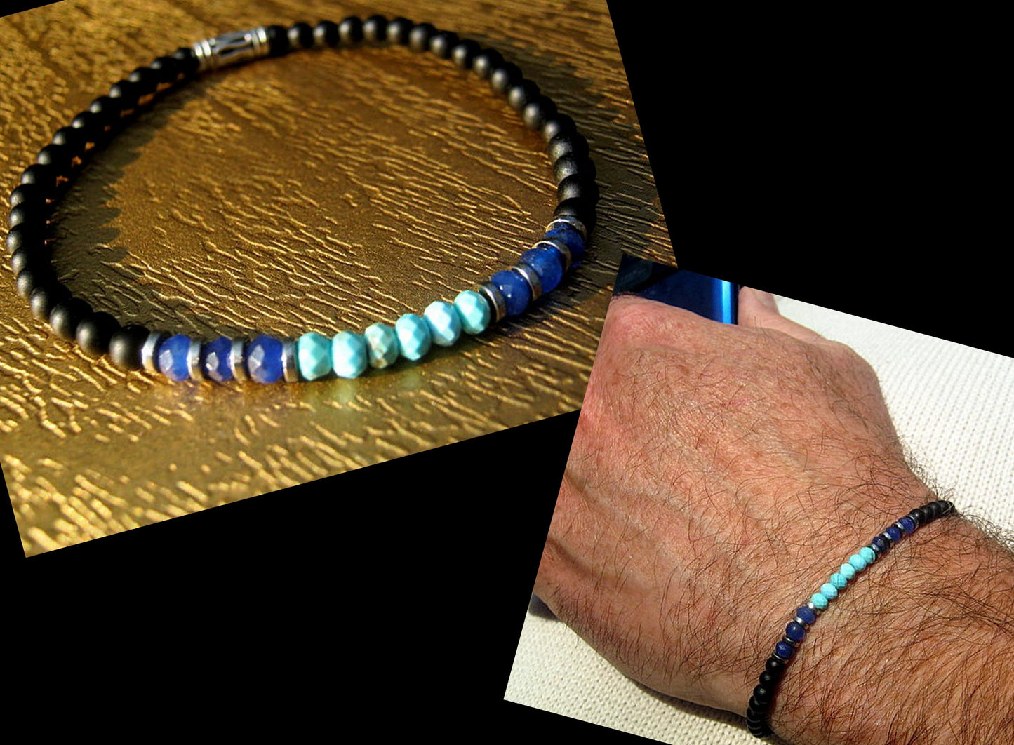 Men tiny SAPPHIRE Turquoise Onyx precious stone bracelet, protection crystal of awakening, handmade slim bracelet men gift