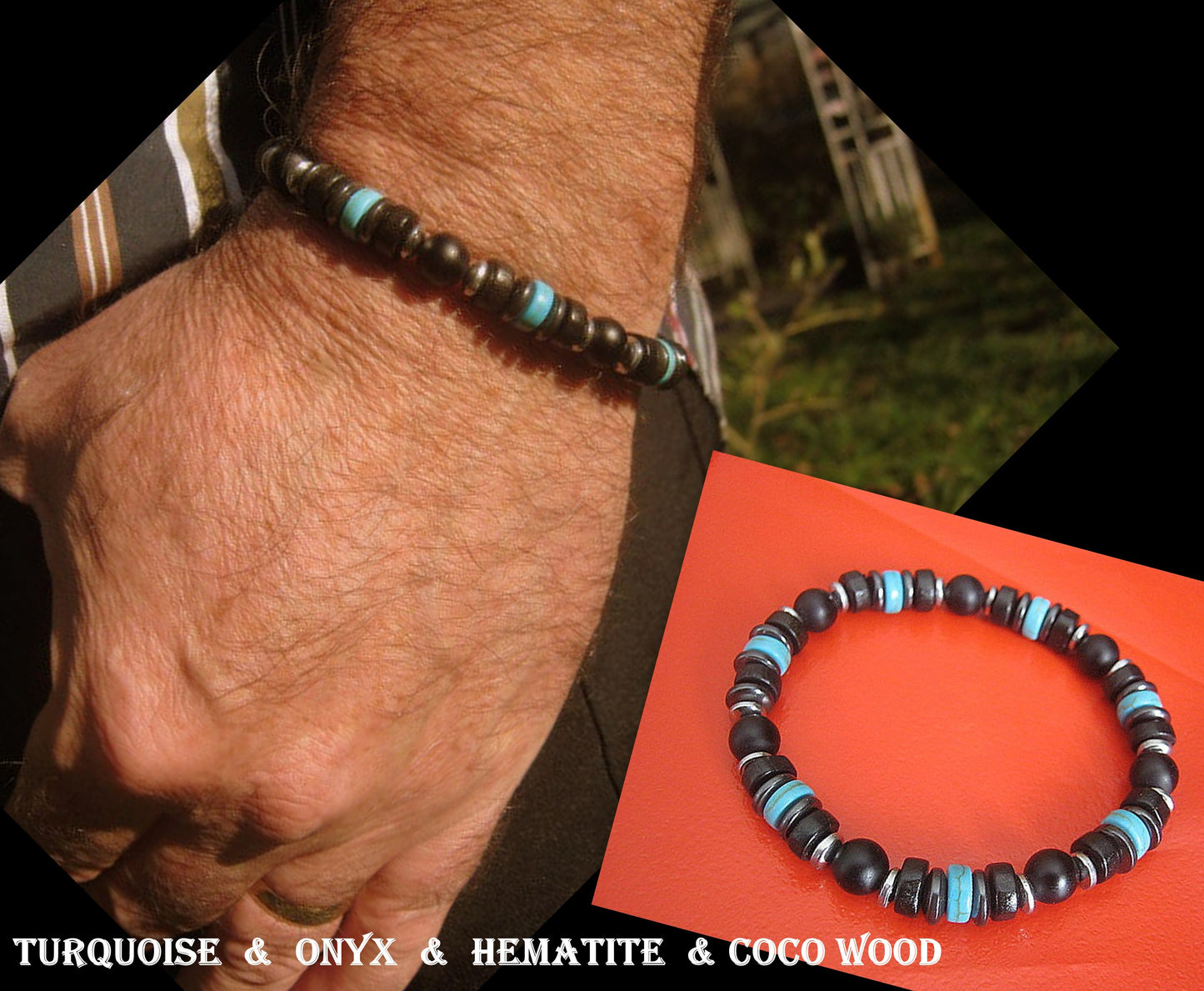 Men Bracelet TURQUOISE, Coconut Wood heishi ONYX Hematite Protection stone, handmade bracelet men gift
