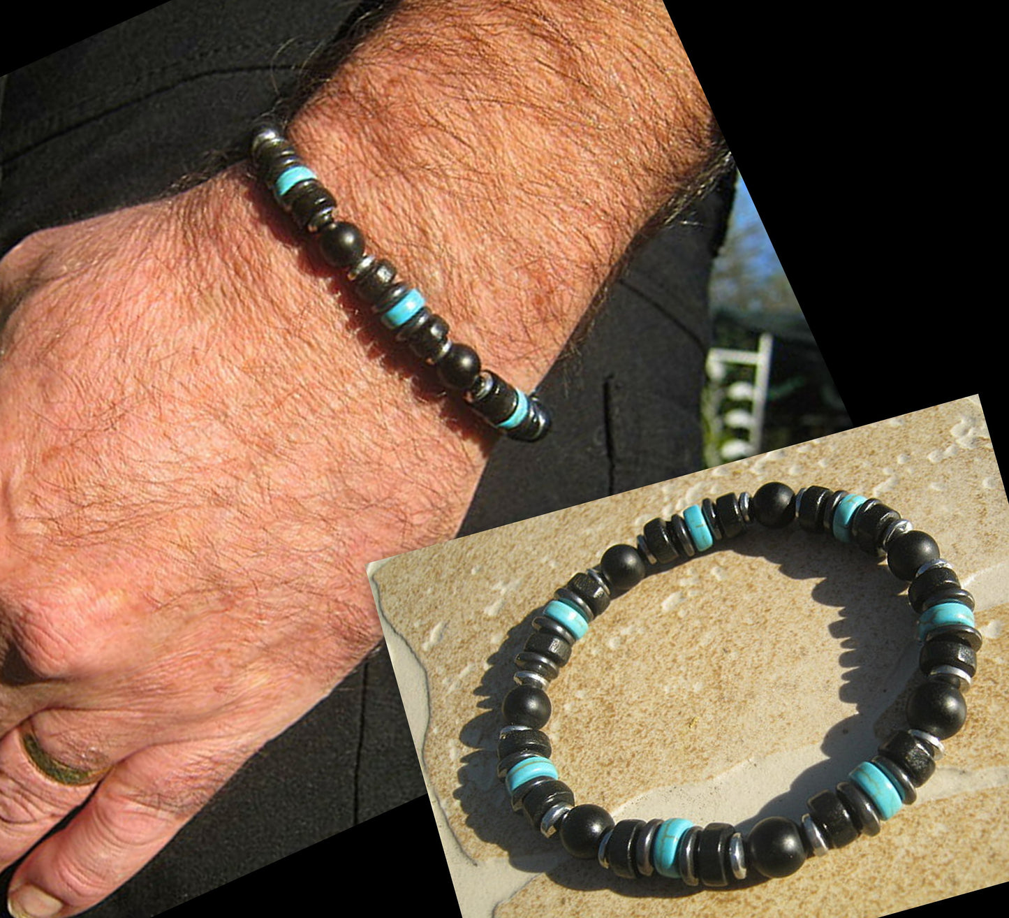Men Bracelet TURQUOISE, Coconut Wood heishi ONYX Hematite Protection stone, handmade bracelet men gift