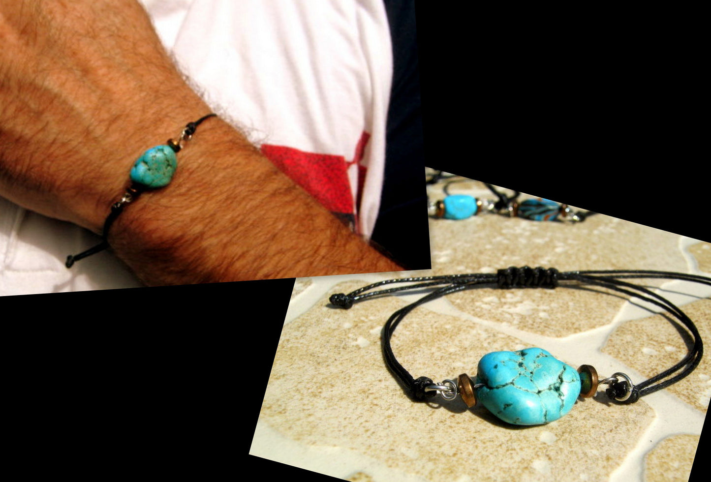 Men TURQUOISE, Obsidian raw stone, Sandalwood Hematite bracelet thin Cord slice knot Bracelet, Healing crystal, Stack slim set surfer Handmade bracelet men gift