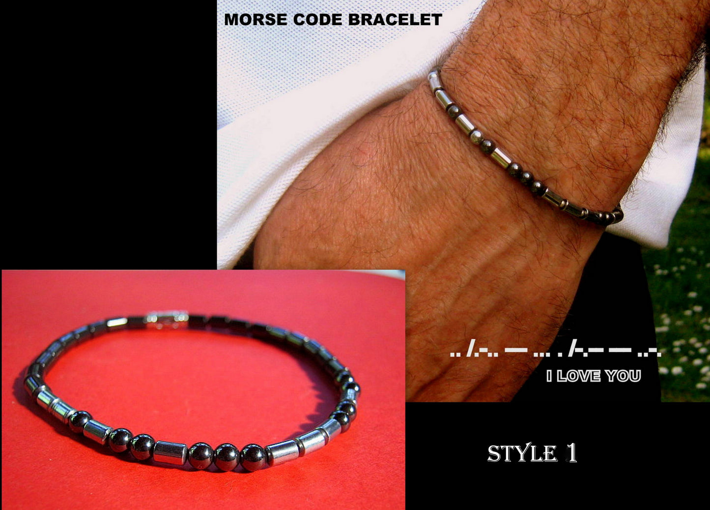 Men SET stack Bracelets I love you Jewelry Bracelet Hematite stone. Gift for couple, Men/women gift handmade slim bracelet