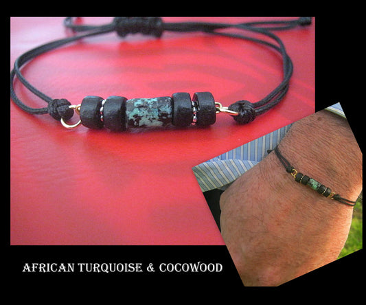 Green African TURQUOISE Coco wood men bracelet Cord slice knot slim set surfer bracelet, protection stone Men/ couple gift,Handmade bracelet