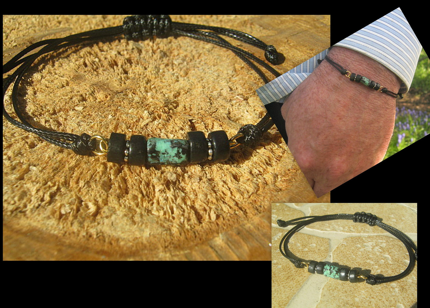 Green African TURQUOISE Coco wood men bracelet Cord slice knot slim set surfer bracelet, protection stone Men/ couple gift,Handmade bracelet