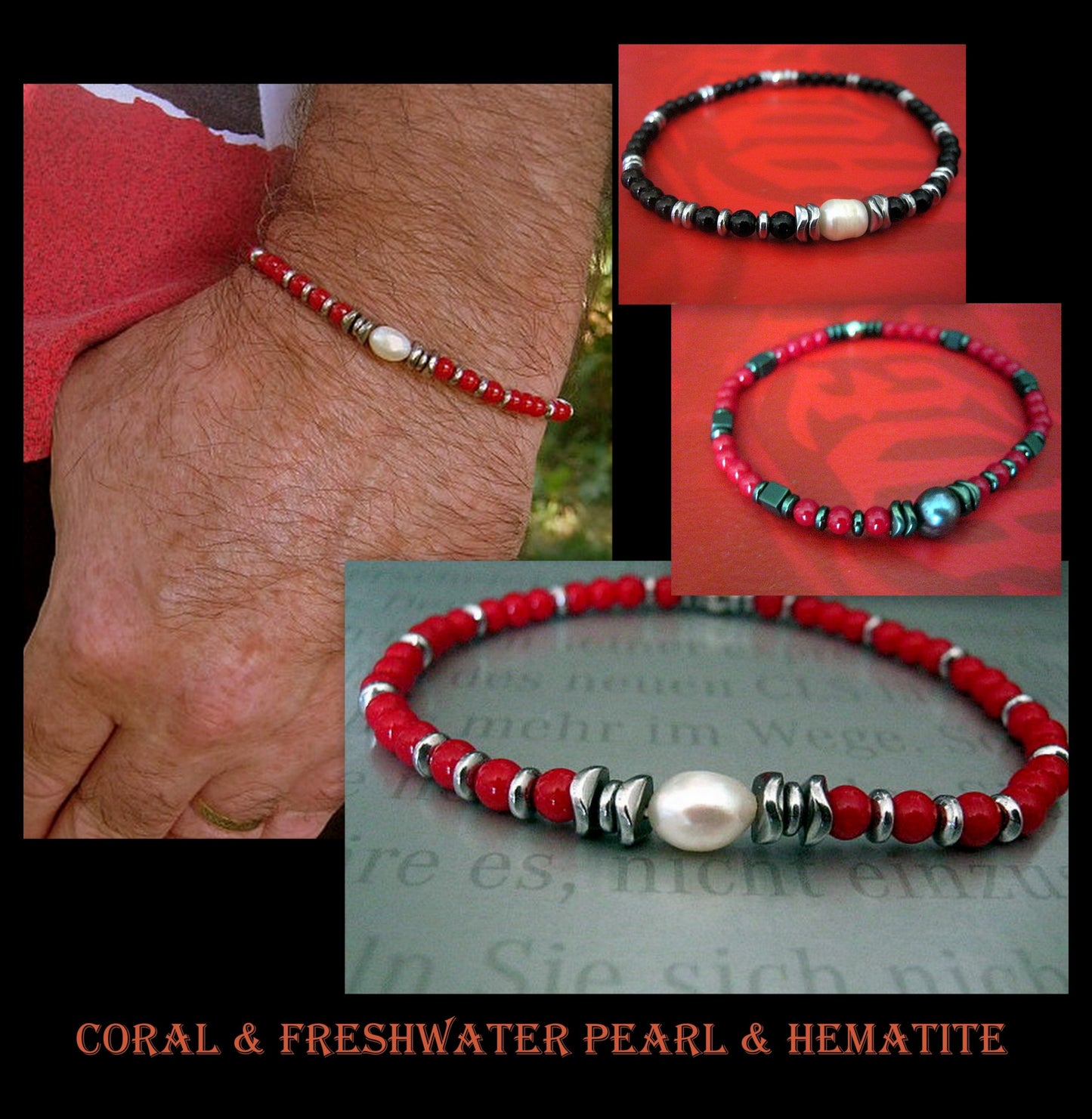 Men Bracelet Freshwater Pearl, Tourmaline & Hematite wave, Spiritual Healing surfer bracelet Men/women/couple gift, handmade bracelet