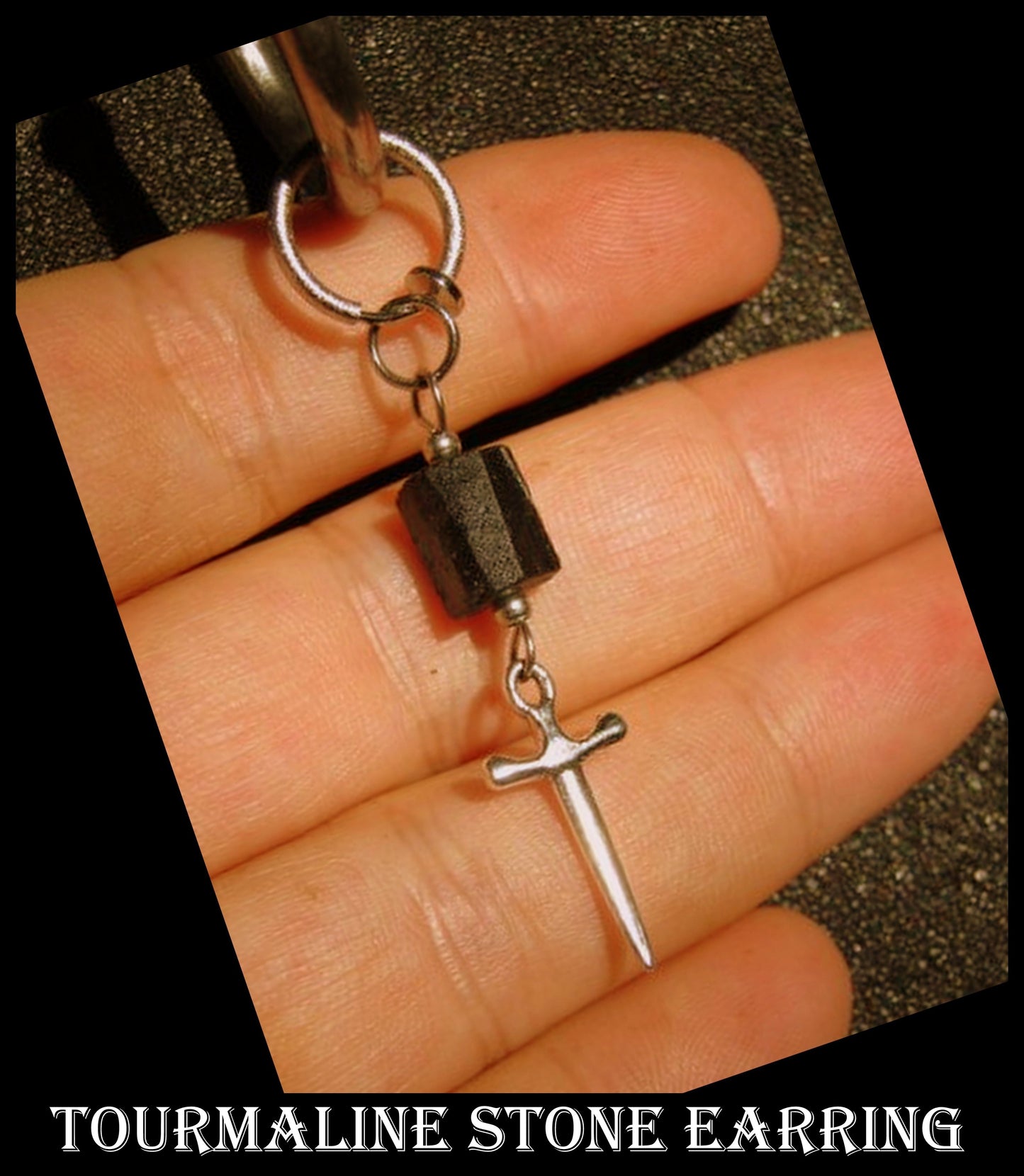 Men Earring raw TOURMALINE stone- Protection, silver Sword, Dangle Hoop/ clip on earring, Handmade earring women men gift
