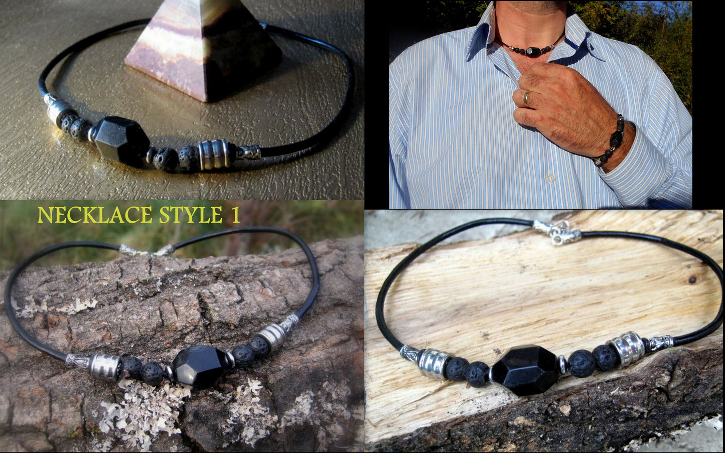 TOURMALINE Lava Rutilated quartz Citrine Tiger Eye stone men Necklace EMF Protection, healing crystal, black leather handmade necklace Men /couple Gift