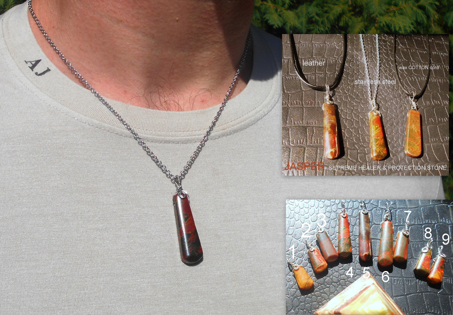 Bloodstone Jasper, stone men pendant Necklace, healing protection crystal, Cord/ chain stainless steel handmade necklace Men Gift