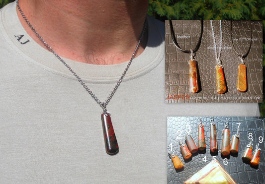 Bloodstone Jasper, stone men pendant Necklace, healing protection crystal, Cord/ chain stainless steel handmade necklace Men Gift
