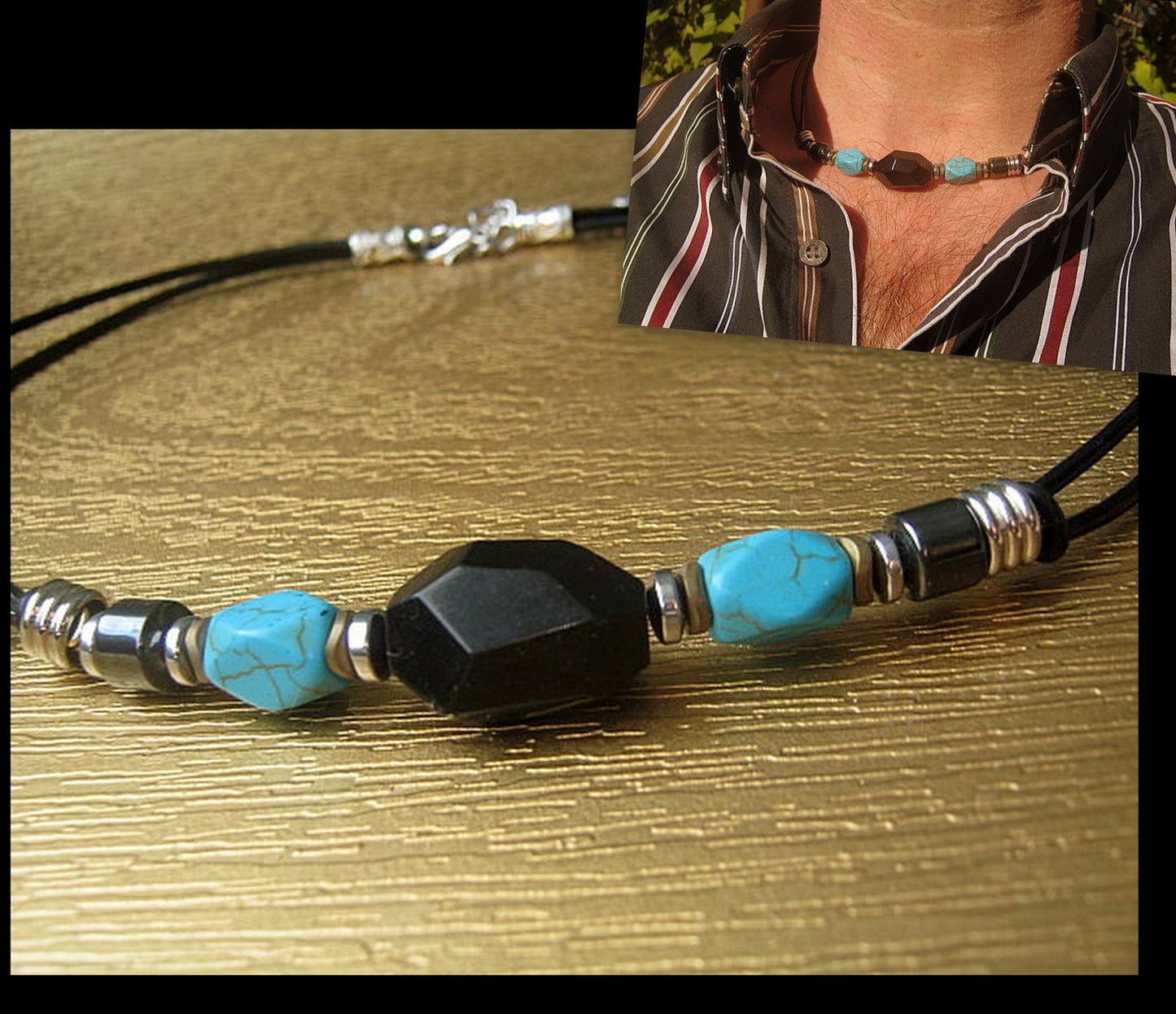 TOURMALINE & TURQUOISE stone men pendant long Necklace EMF Protection, healing crystal, leather, handmade necklace Men /couple Gift