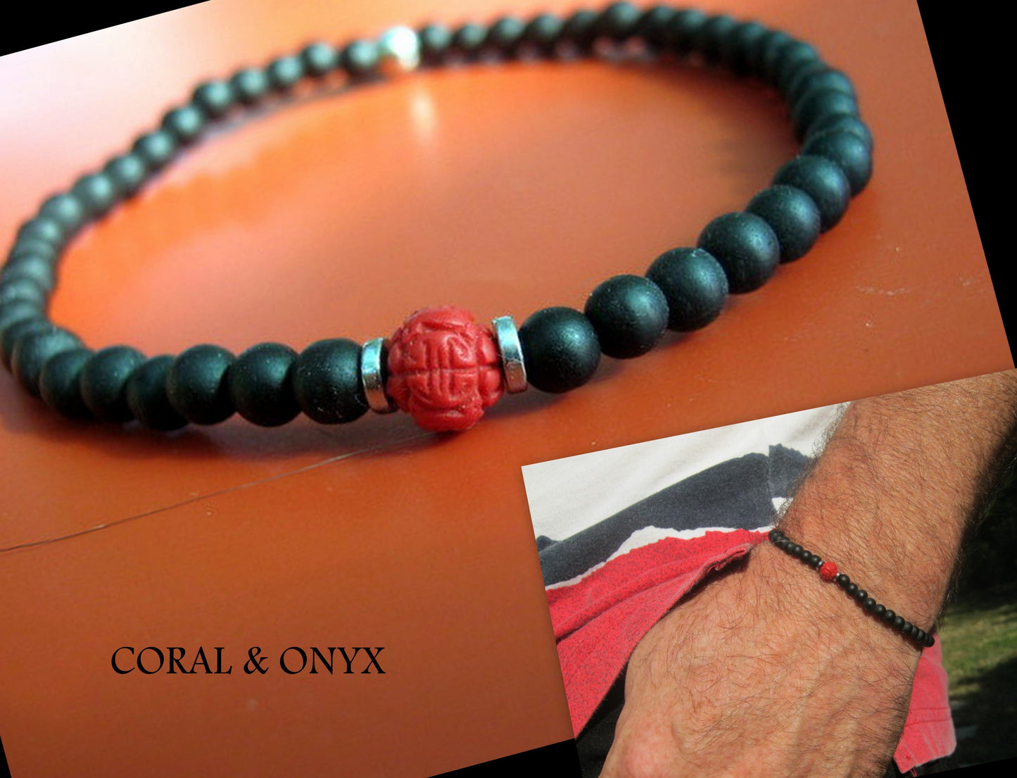 Men bracelet tiny gemstones-Coral Tourmaline Onyx Spinel black Diamonds, silver st 925, protection mantra stone handmade slim bracelet men gift