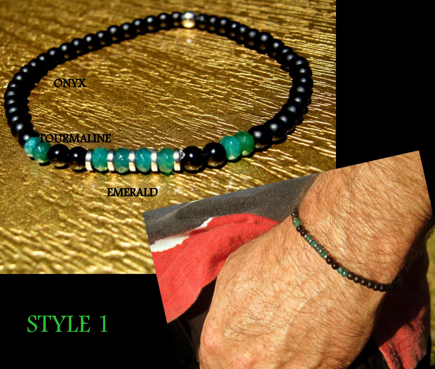 Men tiny EMERALD Onyx Tourmaline Spinel Black Diamond Peridot bracelet, protection precious stone handmade slim bracelet men gift