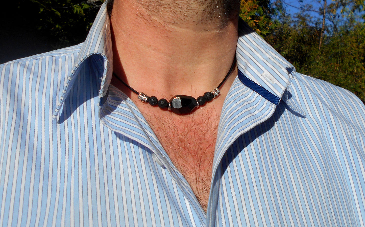 TOURMALINE rutilated quartz Citrine Tiger Eye Lava stone men Necklace EMF Protection, healing crystal, black leather handmade necklace Men /couple Gift
