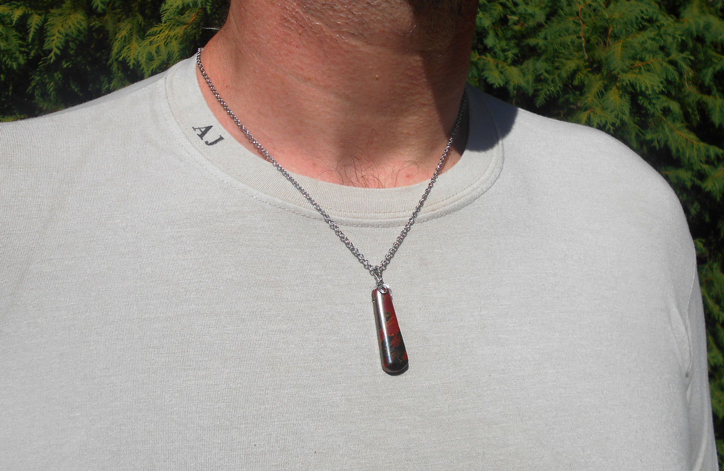 Bloodstone Jasper, stone men pendant Necklace, healing protection crystal, Cord/ chain stainless steel handmade necklace Men Gift