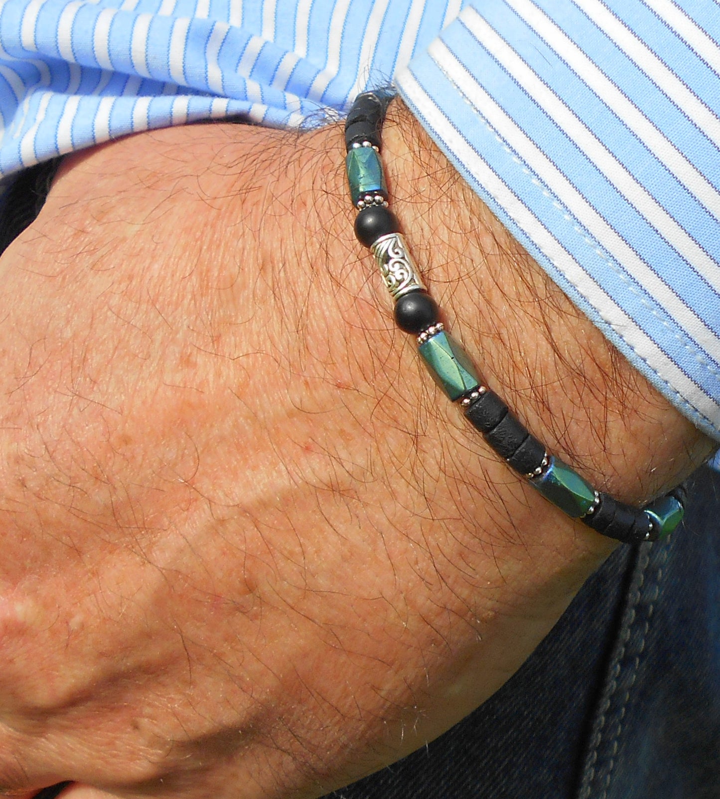 Men green Hematite Onyx Coco wood Bracelet Healing stone, handmade bracelet men gift