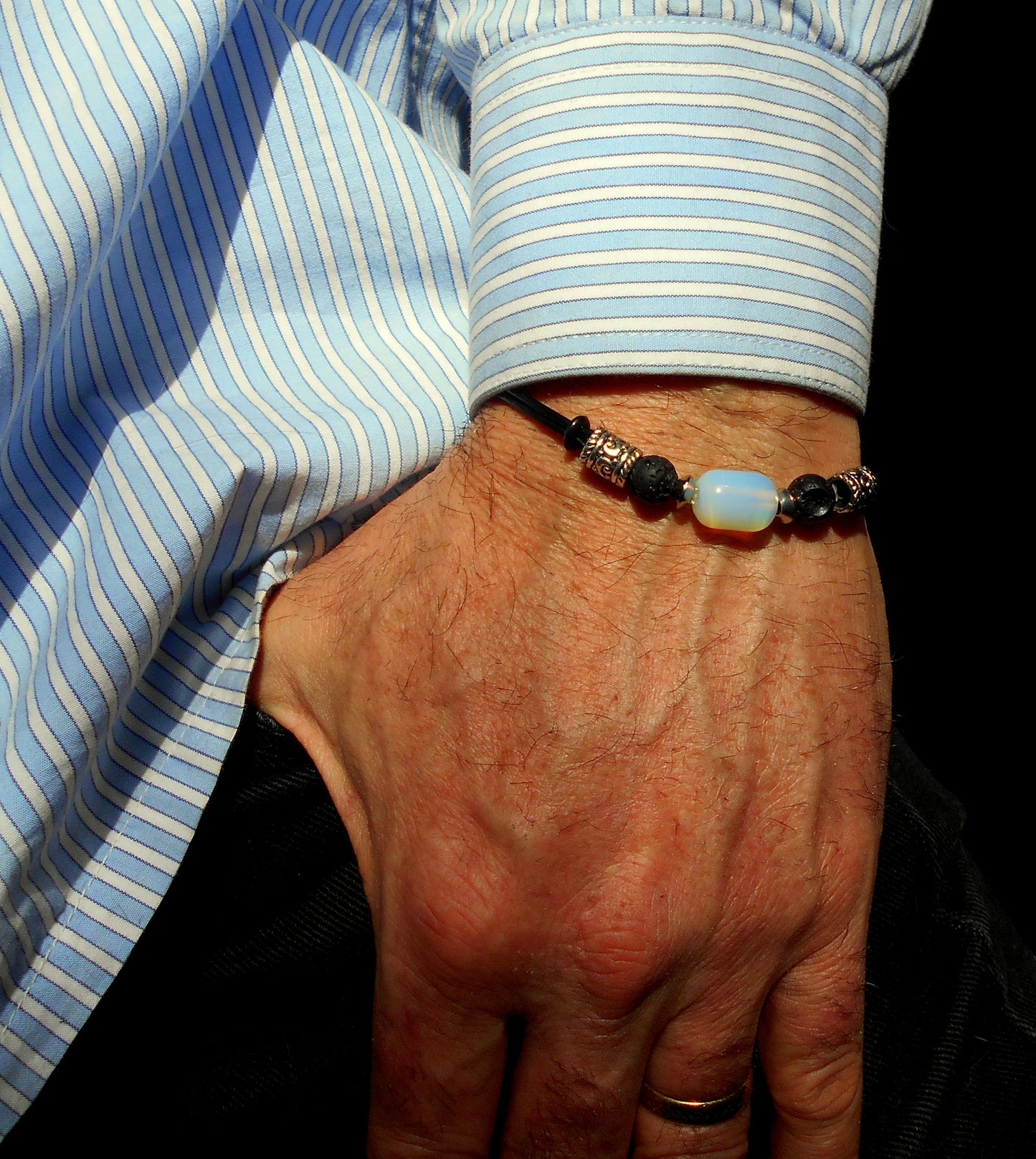 Men Opal stone Lava Hematite bracelet leather Bracelet, Healing crystal, Stack slim set surfer Handmade bracelet men gift
