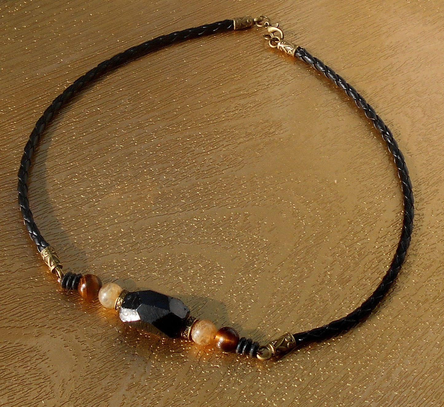 TOURMALINE Lava Rutilated quartz Citrine Tiger Eye stone men Necklace EMF Protection, healing crystal, black leather handmade necklace Men /couple Gift