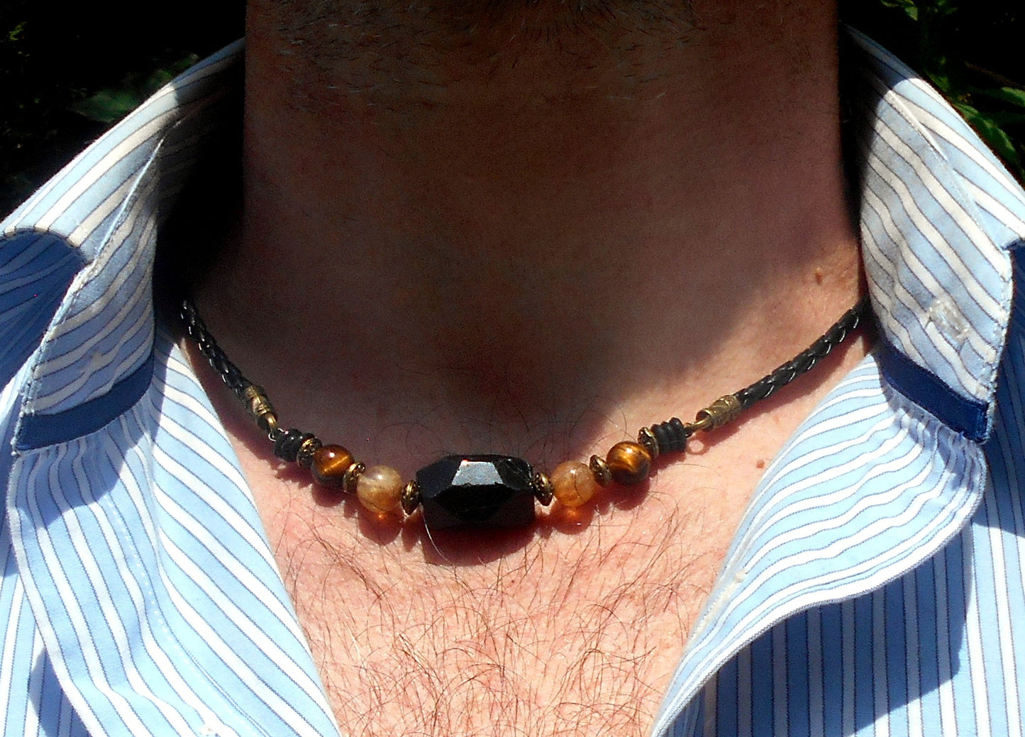 TOURMALINE Lava Rutilated quartz Citrine Tiger Eye stone men Necklace EMF Protection, healing crystal, black leather handmade necklace Men /couple Gift
