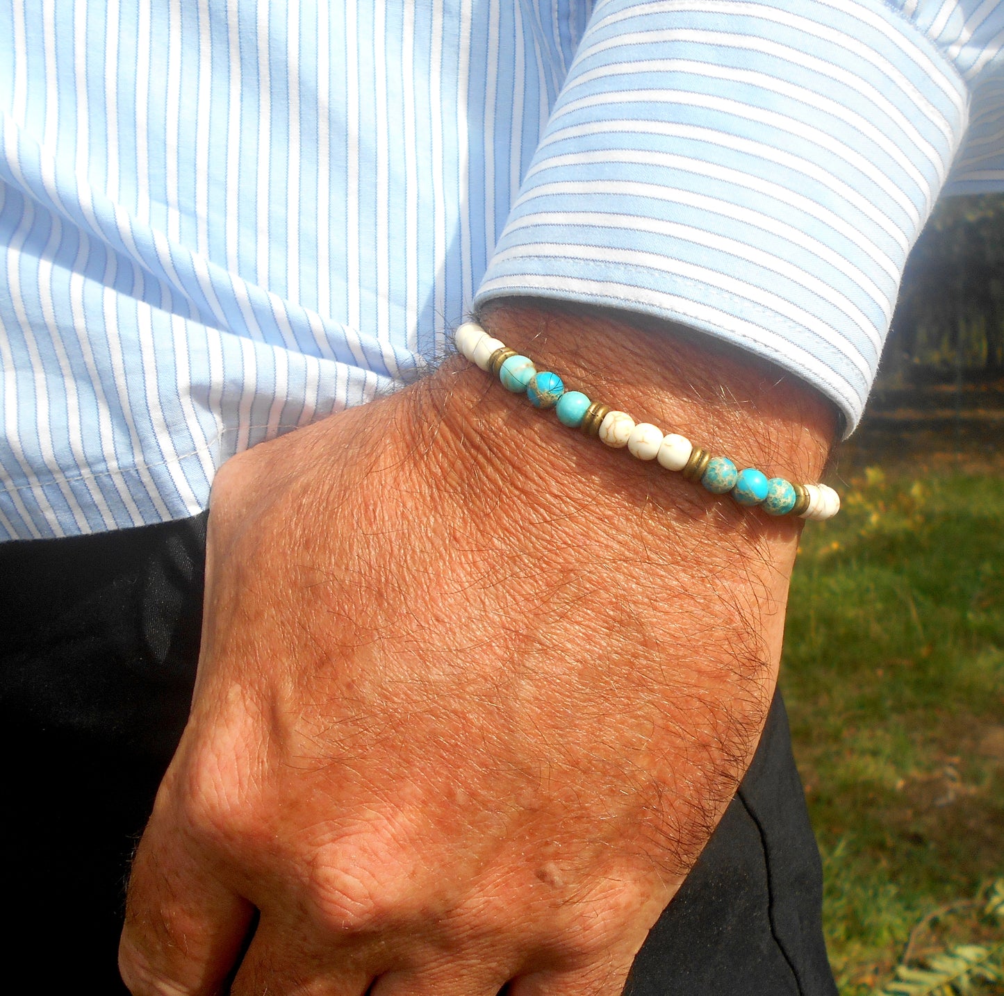 Men TURQUOISE Imperial JASPER Bracelet white Howlite, Healing stone, handmade bracelet men gift
