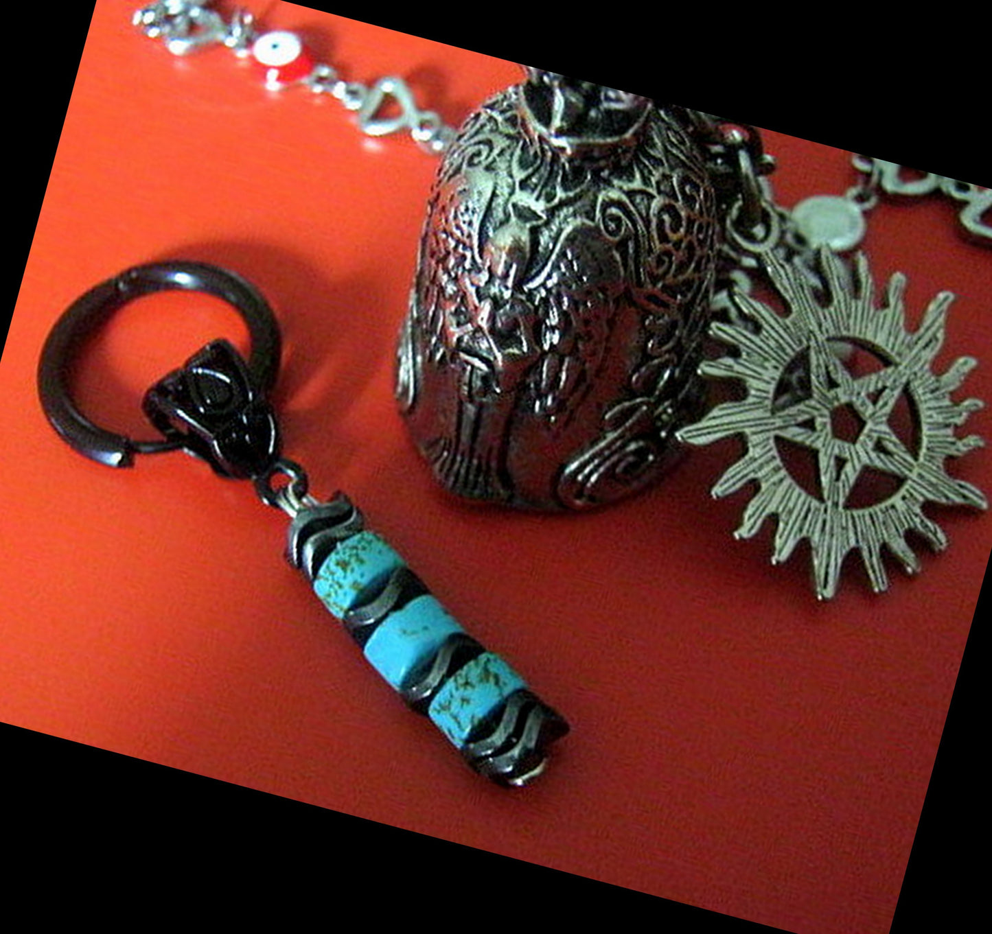 Men Earring African blue Turquoise & Hematite stone,Dangle Hoop/ clip on black, stone Handmade earring men gift