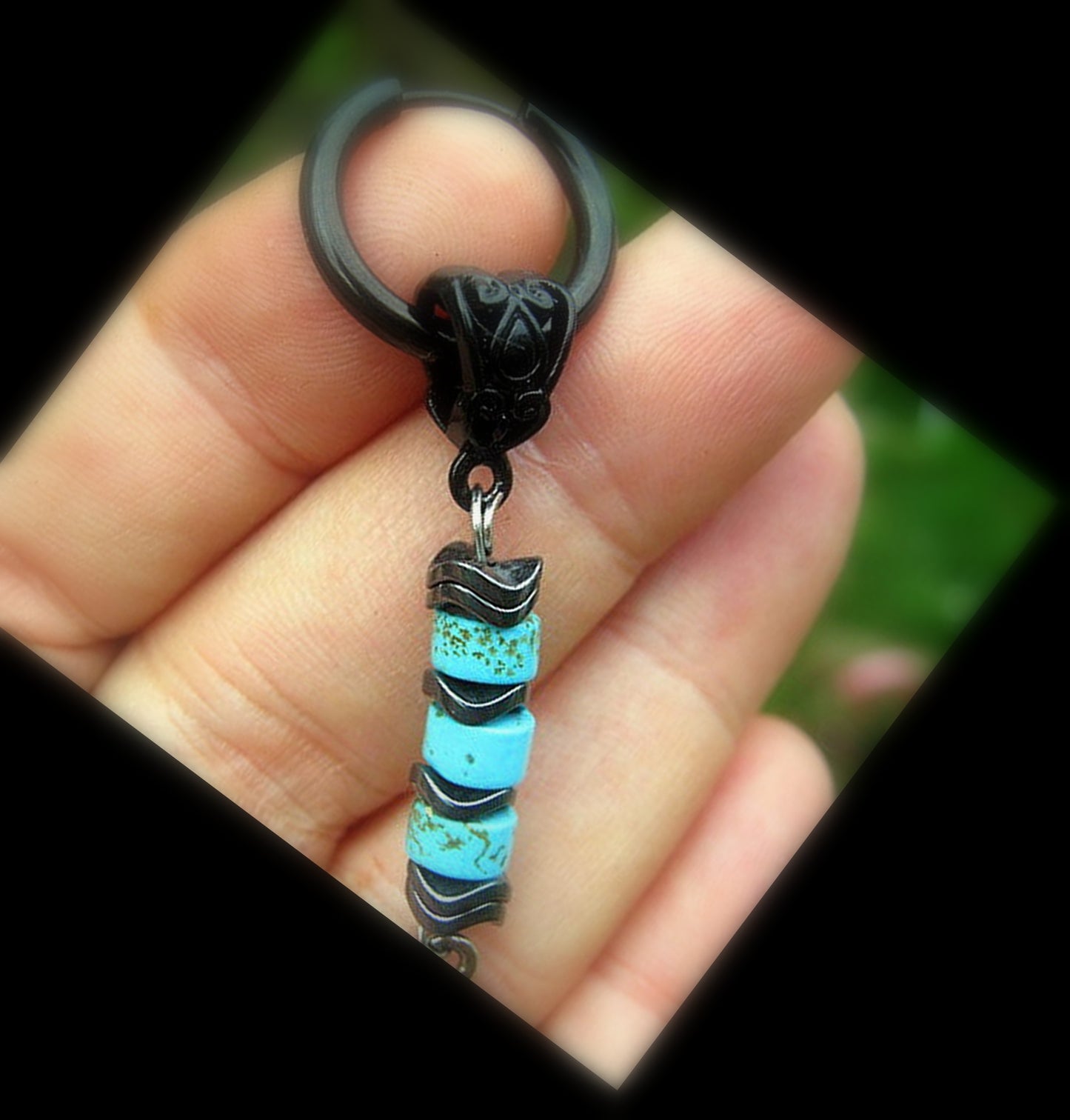 Men Earring African blue Turquoise & Hematite stone,Dangle Hoop/ clip on black, stone Handmade earring men gift