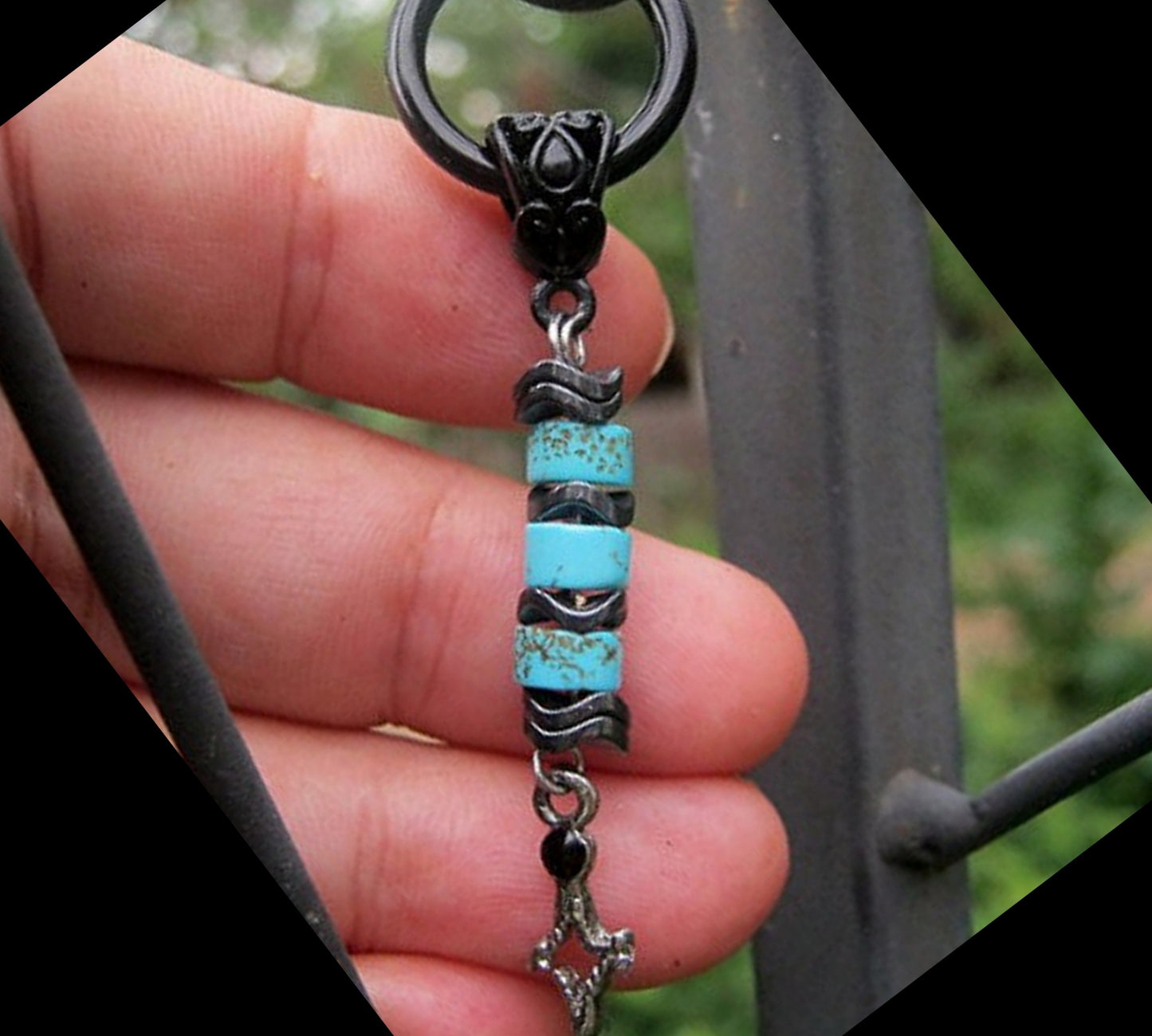 Men Earring African blue Turquoise & Hematite stone,silver star, Dangle Hoop/ clip on black, stone Handmade earring men gift