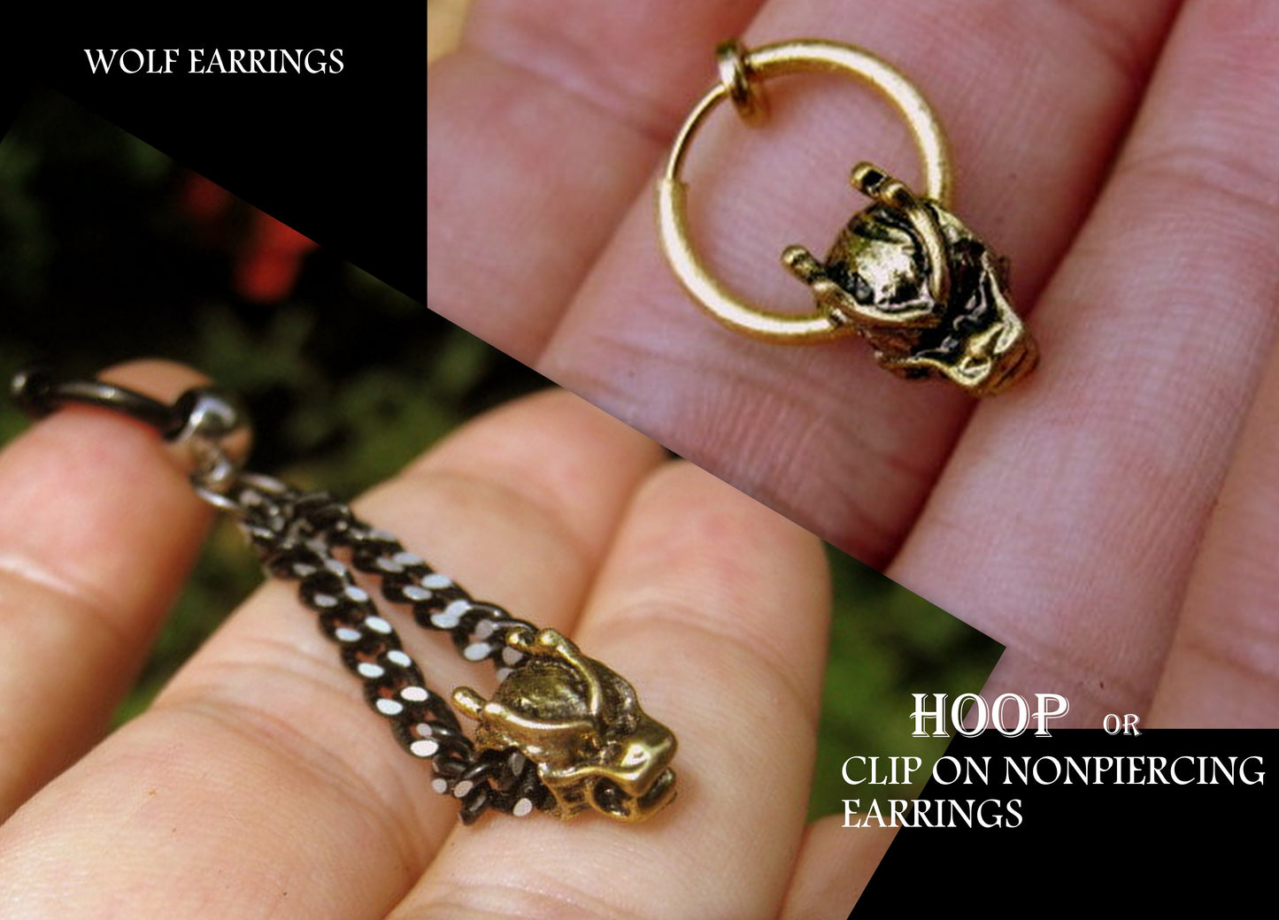 Men gold DRAGON Earring Hoop or Clip on non piercing earring, black chain, Dangle Handmade earring women men gift