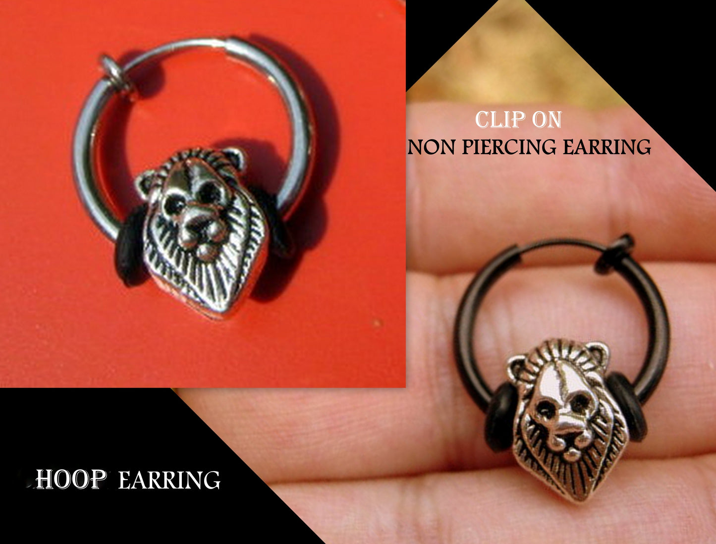Men LION Earring Hoop or Clip on non piercing earring, Dangle Handmade earring women men gift