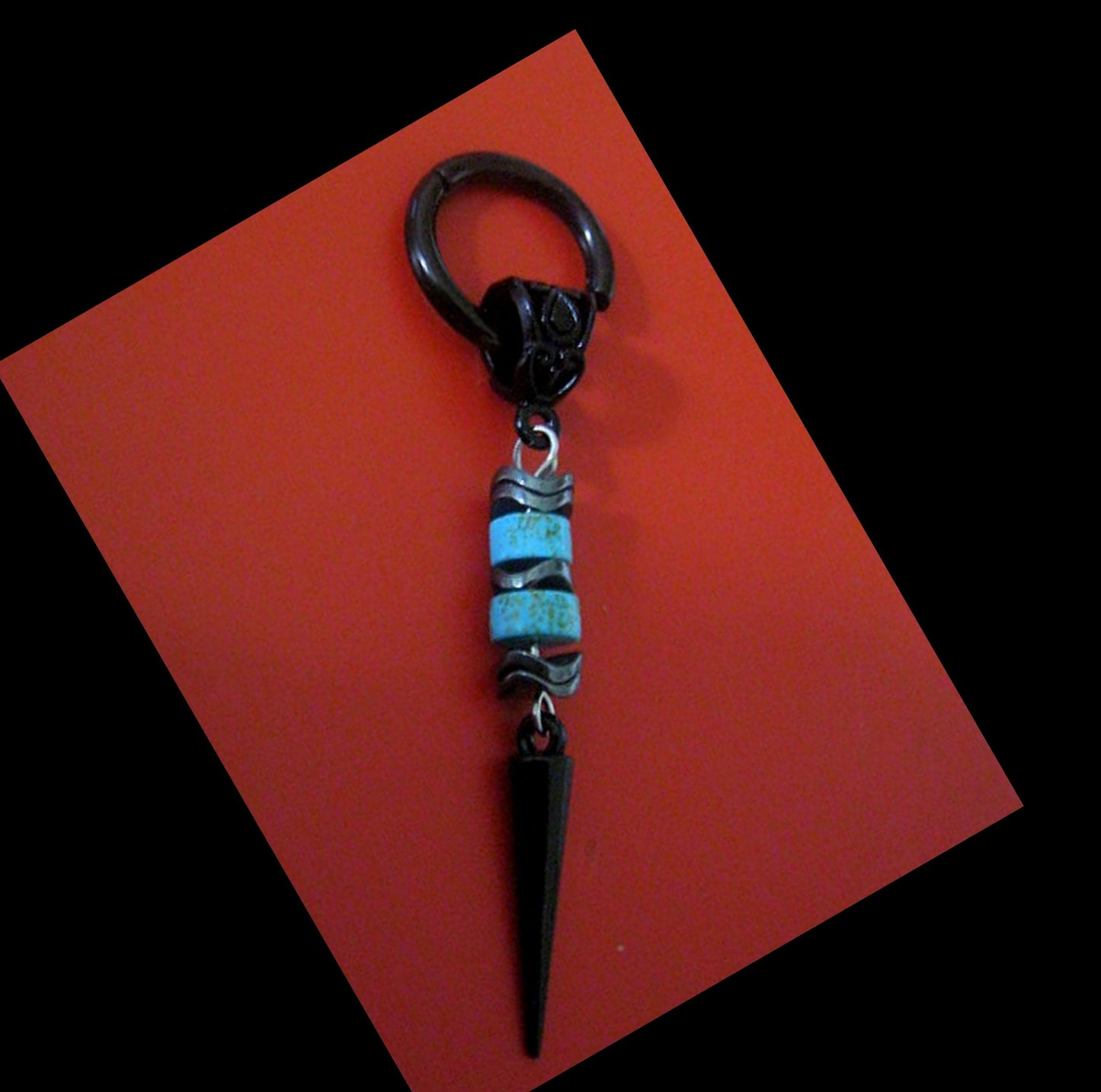 Men Earring African blue Turquoise & Hematite stone,black spike, Dangle Hoop/ clip on black, stone Handmade earring men gift
