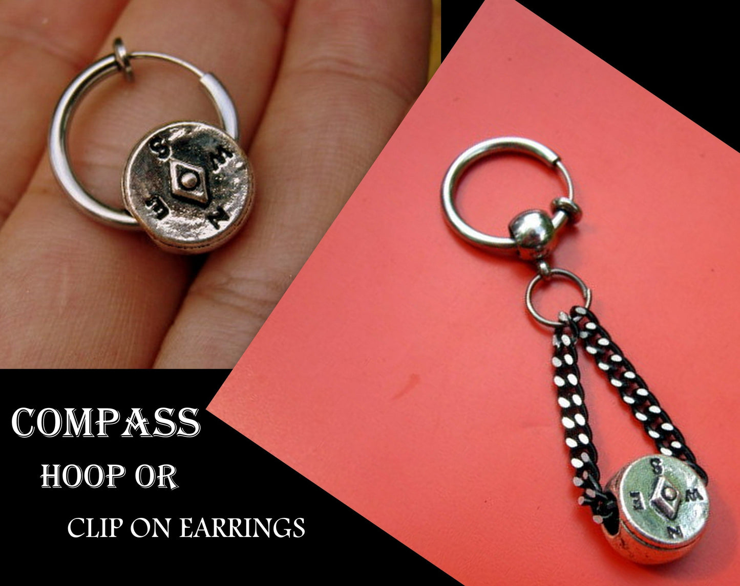 Men COMPASS Earring Hoop or Clip on non piercing earring, black chain, Dangle Handmade earring women men gift