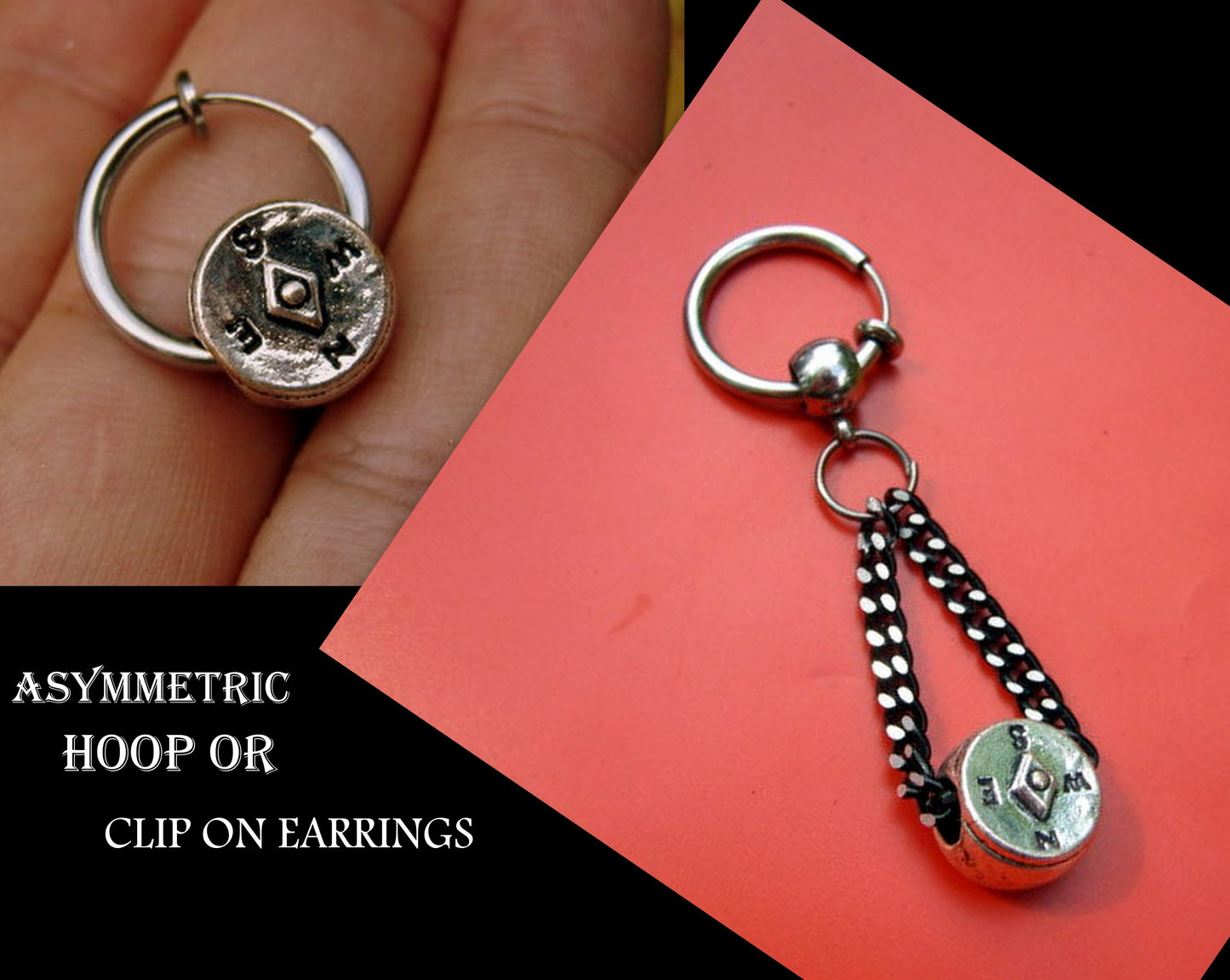 Men COMPASS Earring Hoop or Clip on non piercing earring, black chain, Dangle Handmade earring women men gift