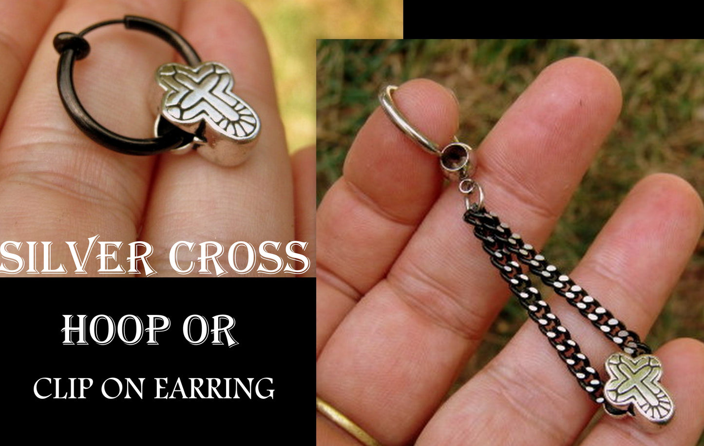Men CROSS protection Earring Hoop or Clip on non piercing earring, black chain, Dangle Handmade earring women men gift