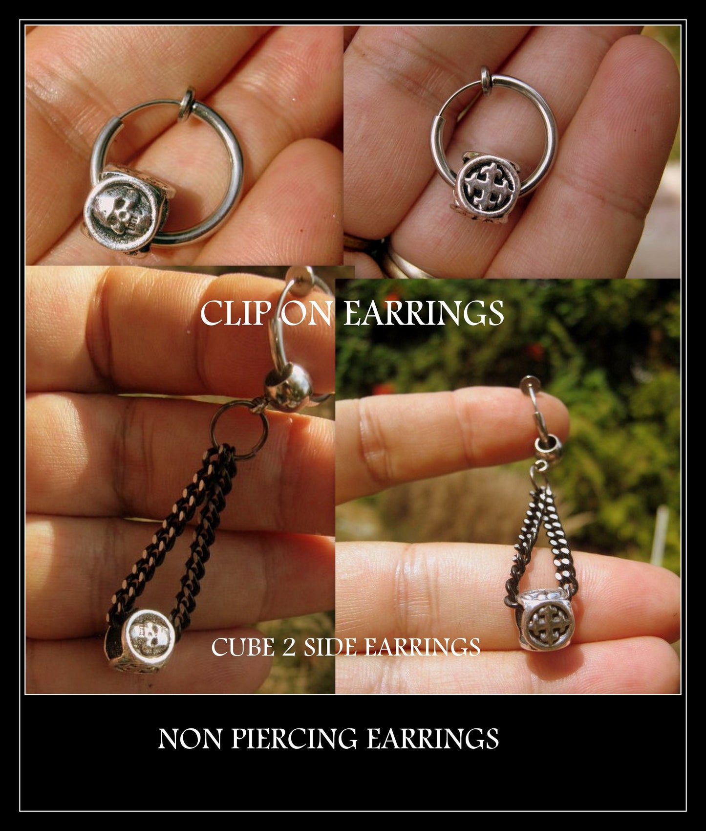 Men CROSS & SKULL punk Earring Hoop or Clip on non piercing earring, black chain, Dangle Handmade earring women men gift