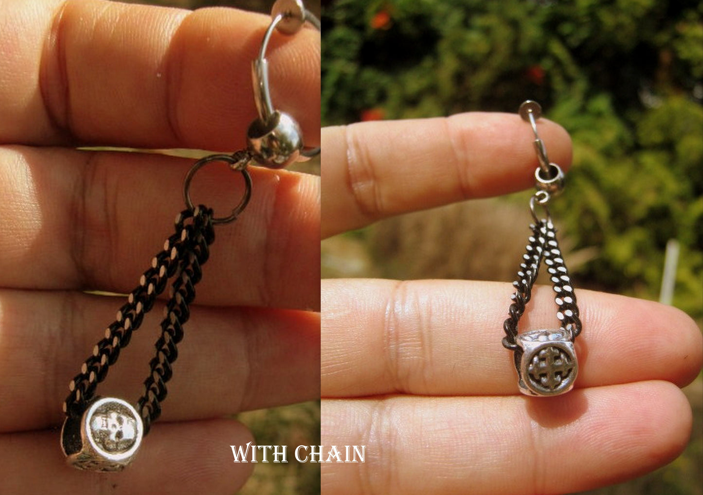 Men CROSS & SKULL punk Earring Hoop or Clip on non piercing earring, black chain, Dangle Handmade earring women men gift