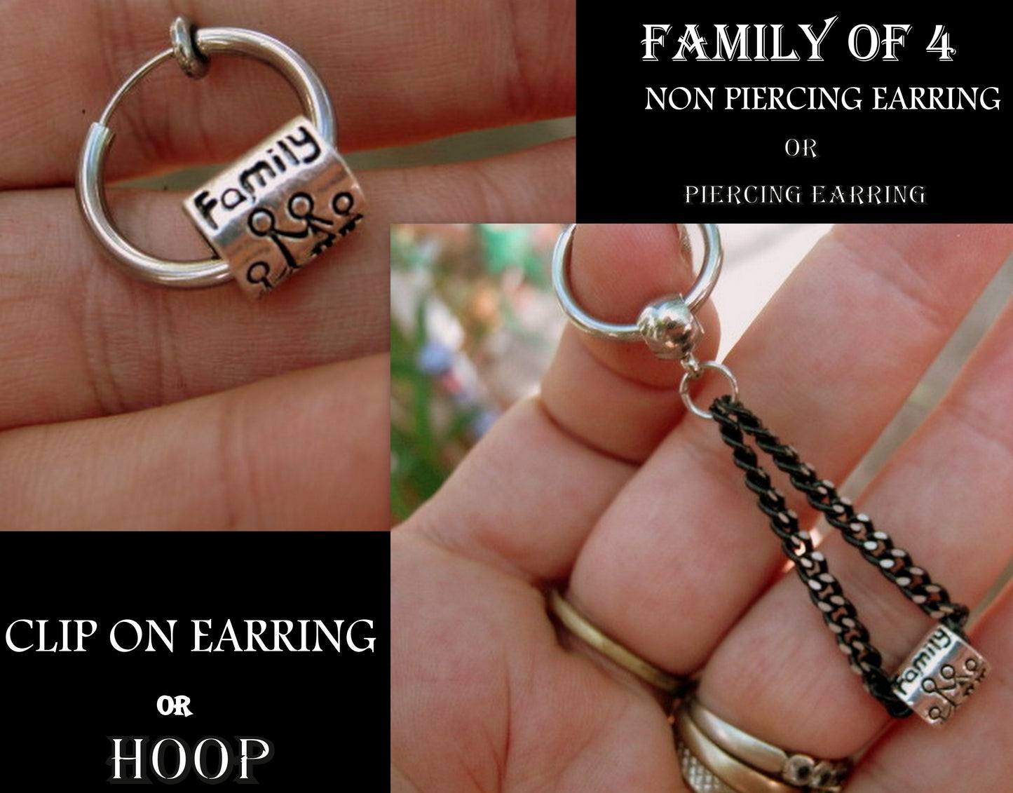 Men "Family of 4" Earring Hoop or Clip on non piercing earring, black chain, Dangle Handmade earring women men gift